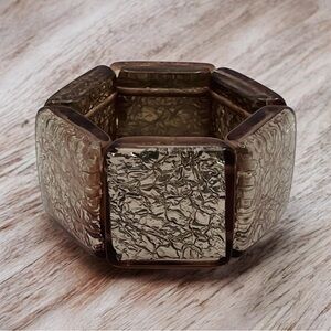 Fashionable Vintage Silver Foil Lucite Panel Stretch Bracelet Statement Piece